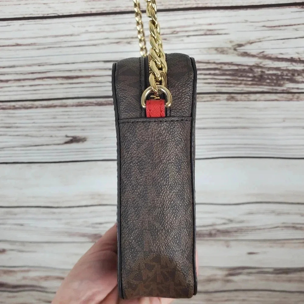 Michael Kors Jet Set East West Signature Brown/Red/Gold Perforated Crossbody Bag - Picture 10 of 16